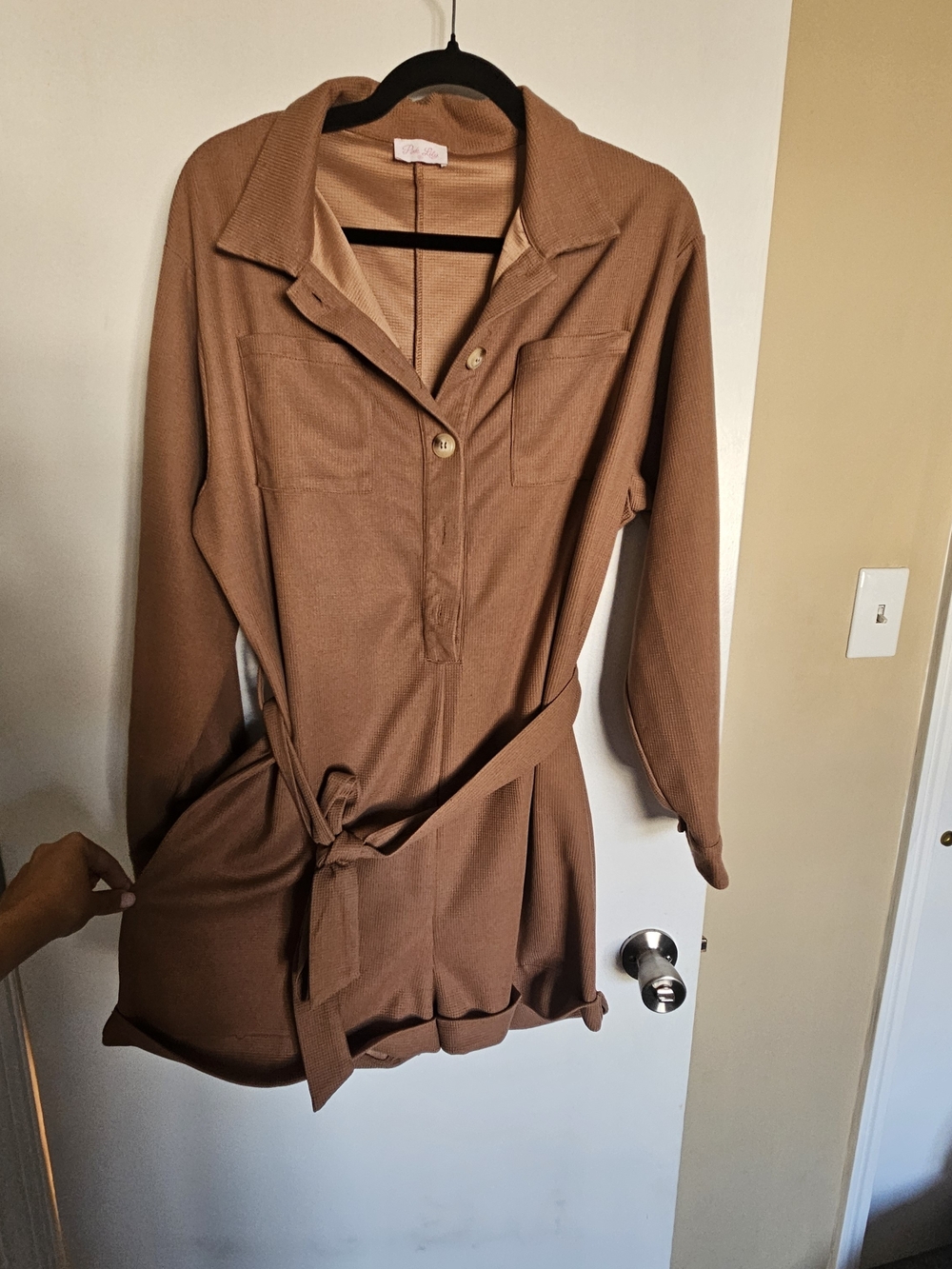 Pink Lily Tan Button-Front Long Sleeve Romper with Waist Tie